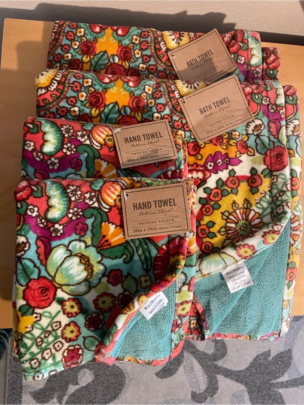 Cost Plus World Market Floral Cotton Bath Towel - Multicolor Red, Teal, Yellow